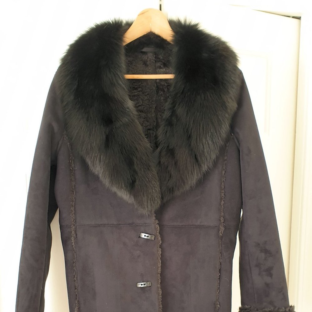 Wilson Leather Faux-Shearling Coat with Fox Fur Trim Black - Size M